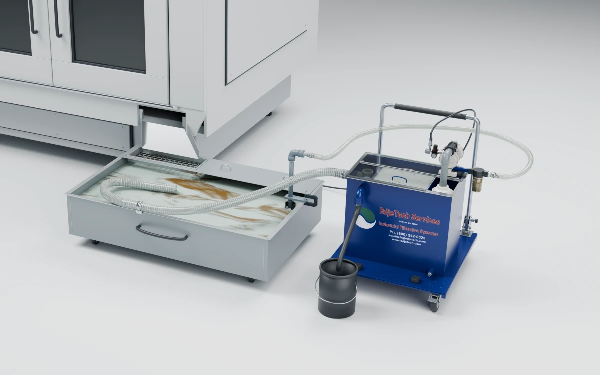 Illustrated T.O.S.S. T1 beside a CNC coolant reservoir: a surface pickup feeds the separator, treated coolant returns to the reservoir, and recovered oil drains to a separate container.