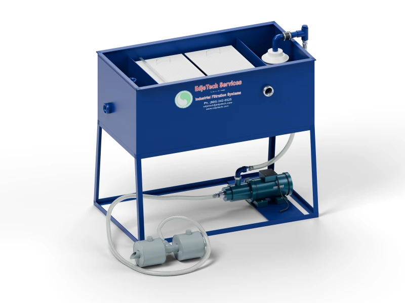 T.O.S.S. 10 tramp oil separator with an open tank, electric pump and ballast floating skimmer, on a fixed base.