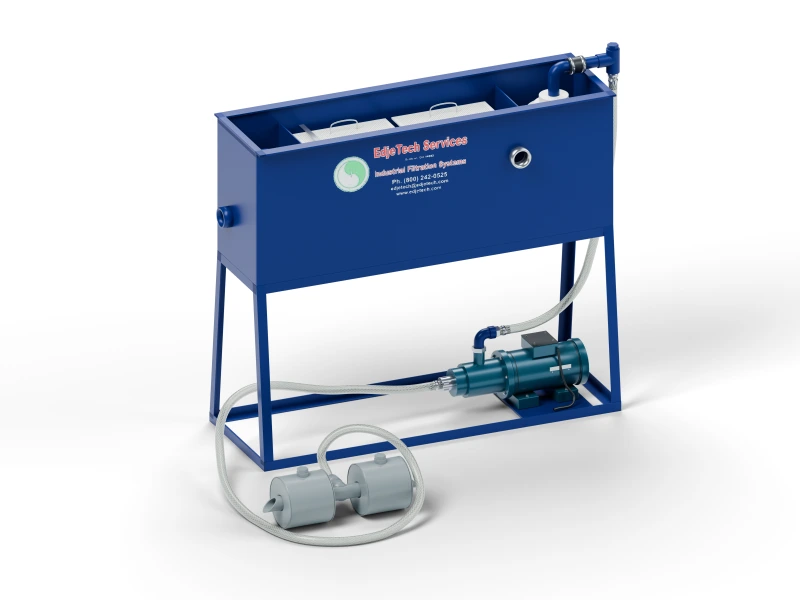 T.O.S.S. 05 tramp oil separator with an open tank, electric pump and ballast floating skimmer, on a fixed base.