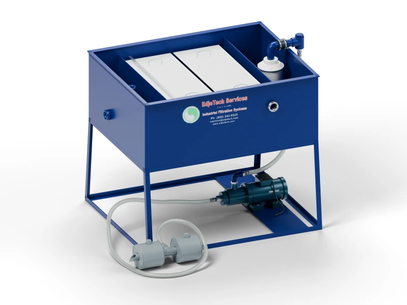T.O.S.S. 15 tramp oil separator with an open tank, electric pump and ballast floating skimmer, on a fixed base.