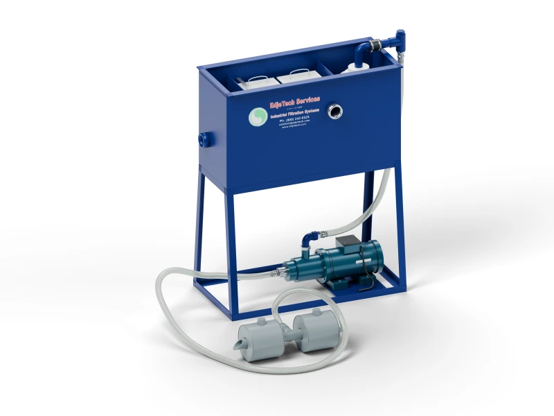 T.O.S.S. MT2 tramp oil separator with an open tank, electric pump and ballast floating skimmer, on a fixed base.