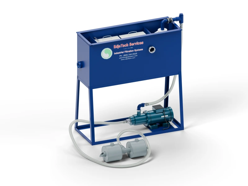 T.O.S.S. MT3 tramp oil separator with an open tank, electric pump and ballast floating skimmer, on a fixed base.