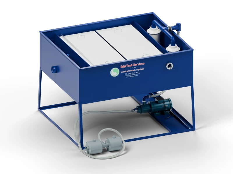 T.O.S.S. 25 tramp oil separator with an open tank, electric pump and ballast floating skimmer, on a fixed base.