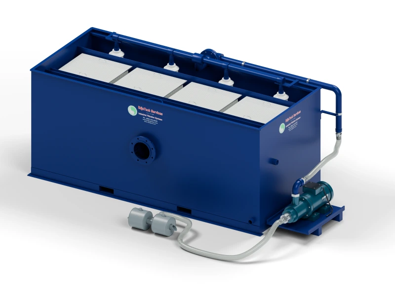 T.O.S.S. 150 tramp oil separator with a skid base, flanged tank connections, electric pump and ballast skimmer.
