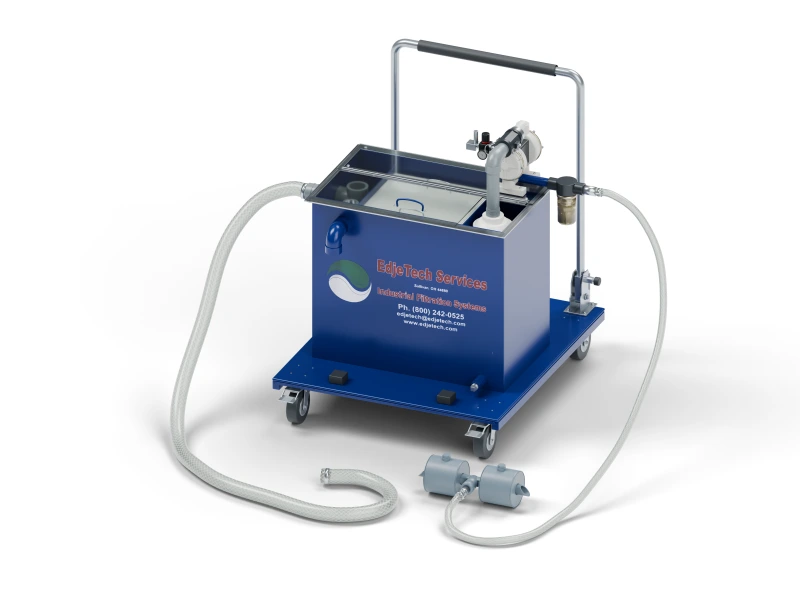 T.O.S.S. T1-ABC tramp oil separator with clear cover, ballast skimmer, and connected hoses, on a folding cart.