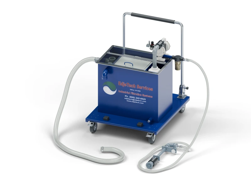 T.O.S.S. T1-AVC tramp oil separator with clear cover, vertical skimmer, and connected hoses, on a folding cart.