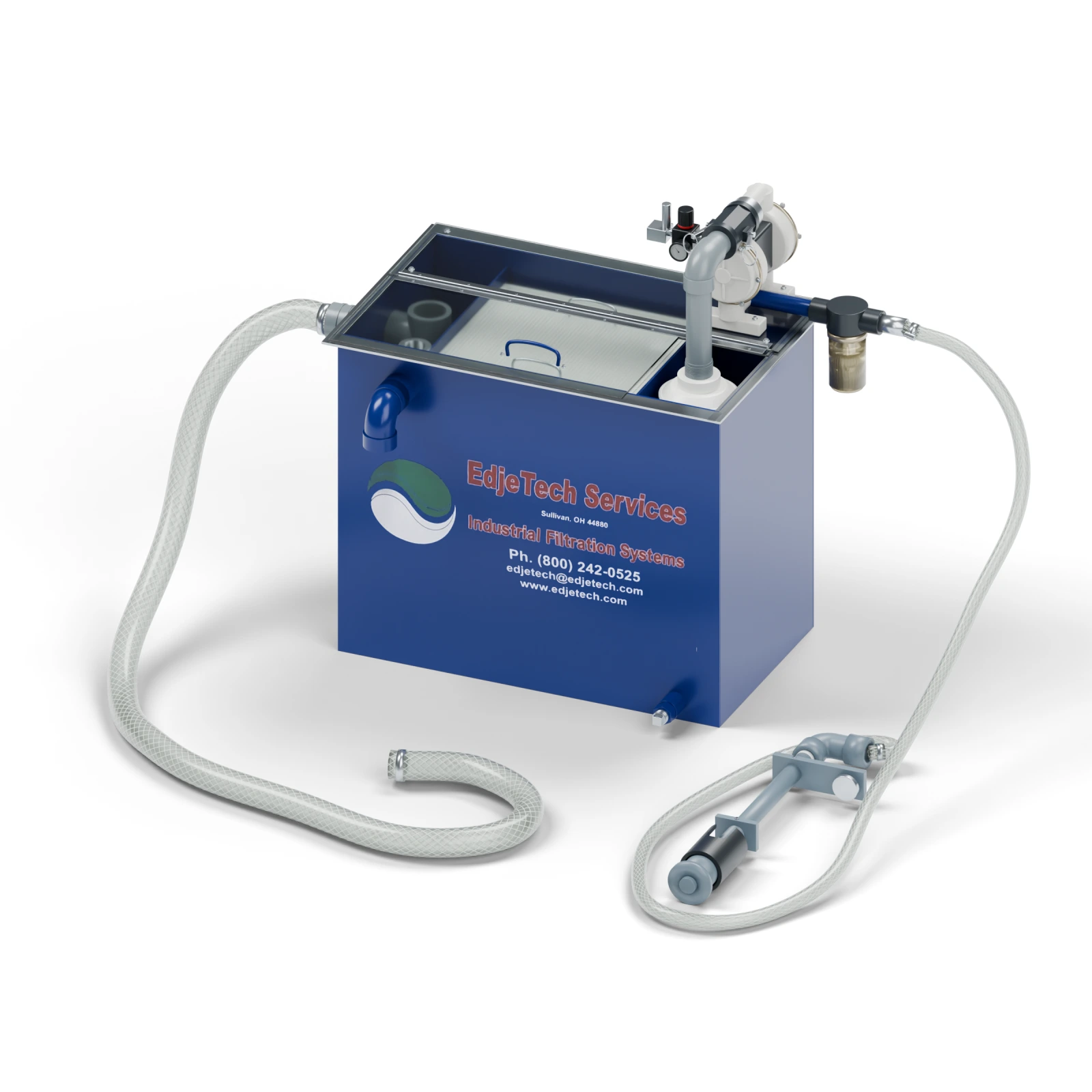 T.O.S.S. T1 clear-cover configuration with external inlet strainer, hoses and vertical skimmer.
