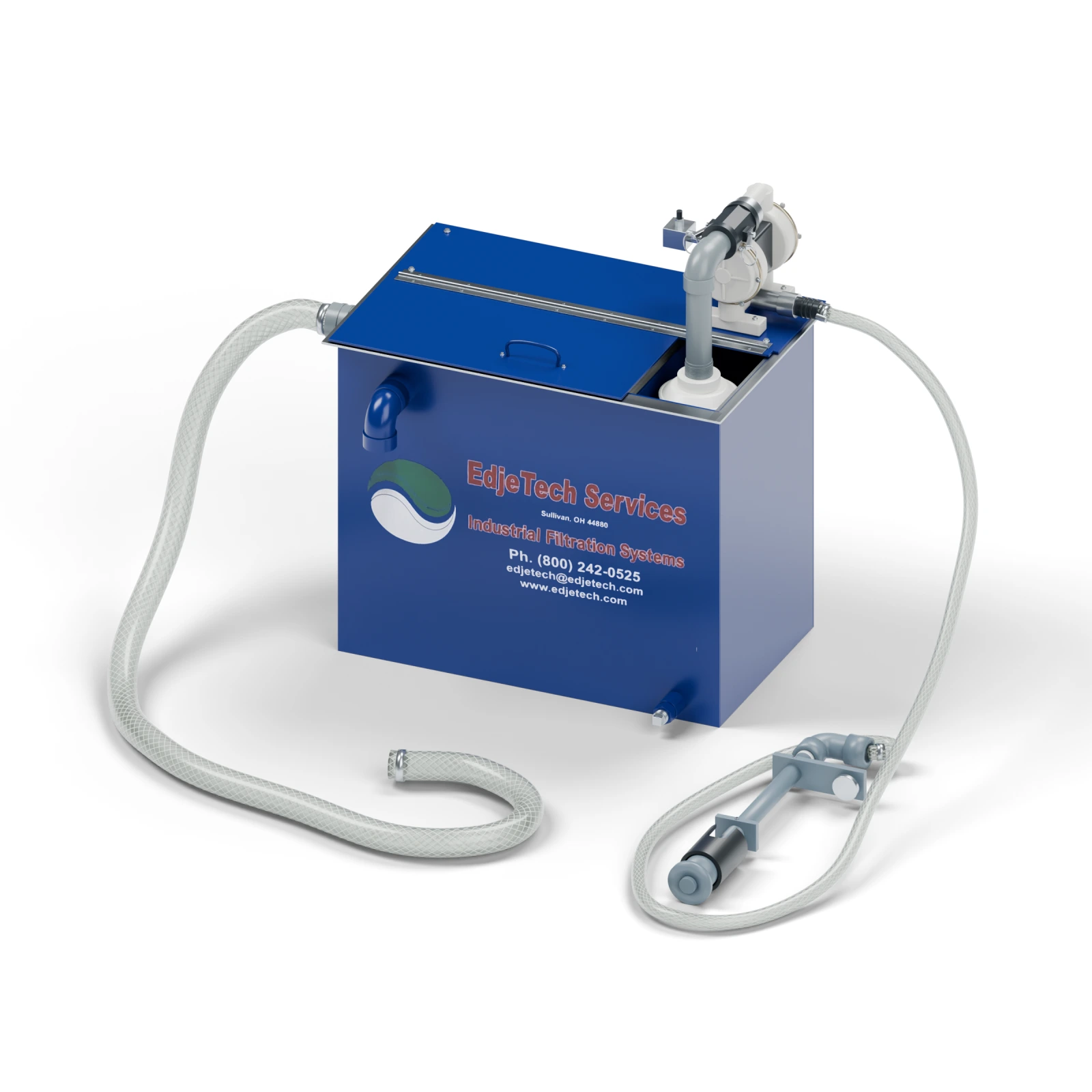 T.O.S.S. T1 portable tramp oil separator with blue hinged cover, air diaphragm pump, hoses and vertical skimmer.