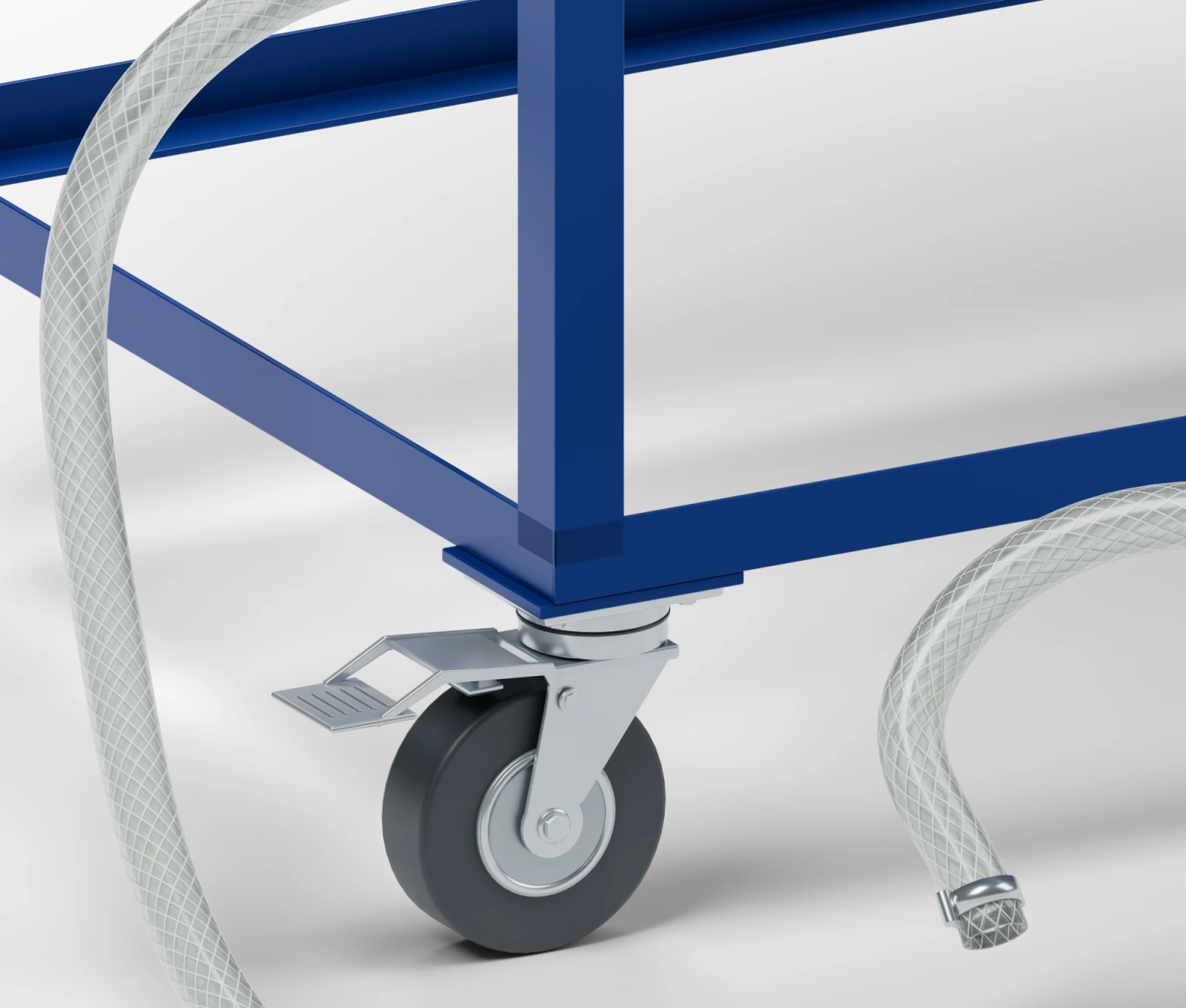 Caster wheel, brake, and mounting bracket beneath a T.O.S.S. separator frame.